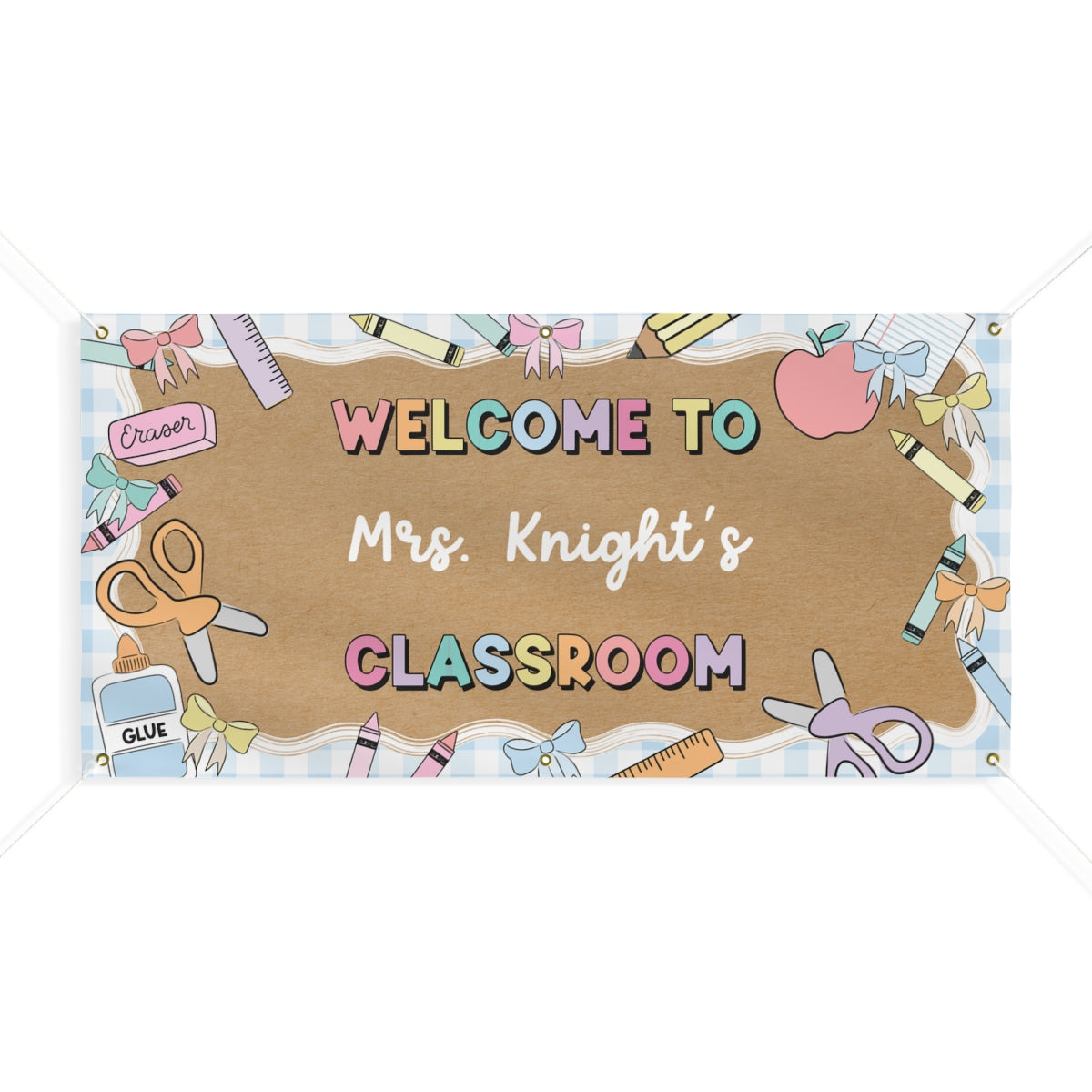 Pastel Blue Gingham School Supplies Personalized Banner | Banner Bar