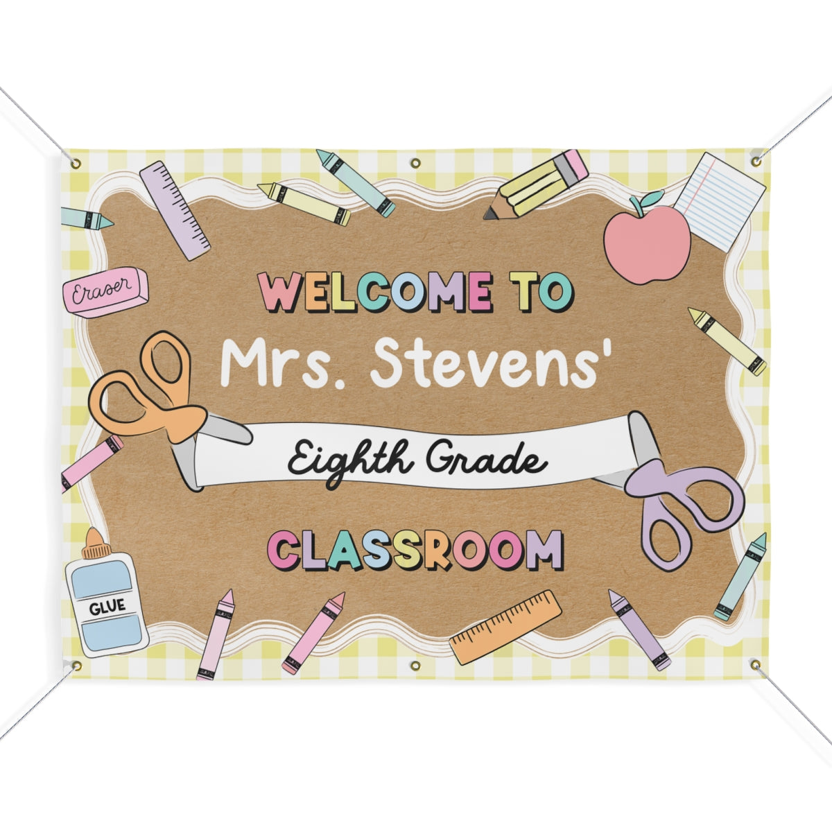 Scissors & School Supplies Pastel Yellow Gingham Personalized Banner | Banner Bar