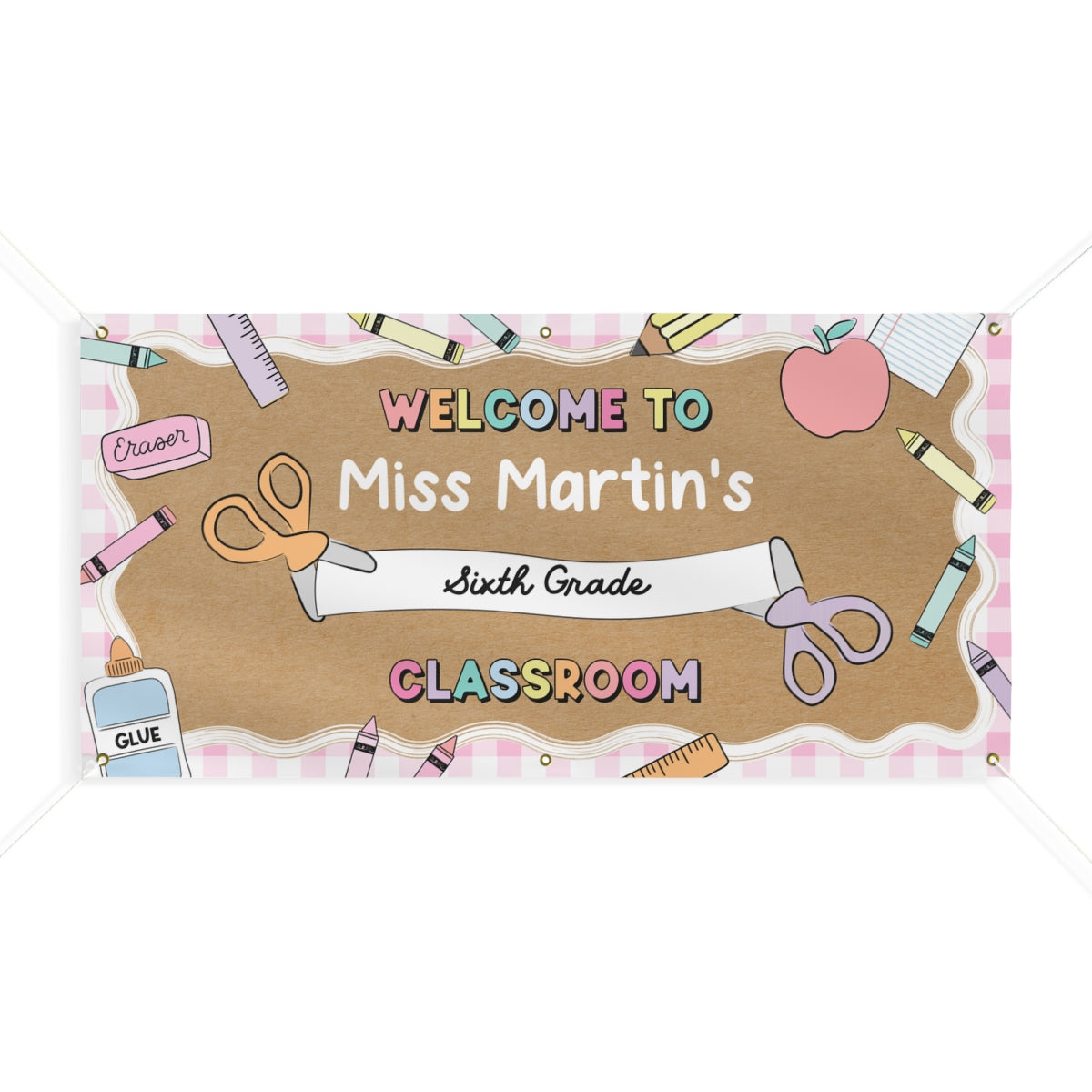 Scissors & School Supplies Pastel Pink Gingham Personalized Banner | Banner Bar
