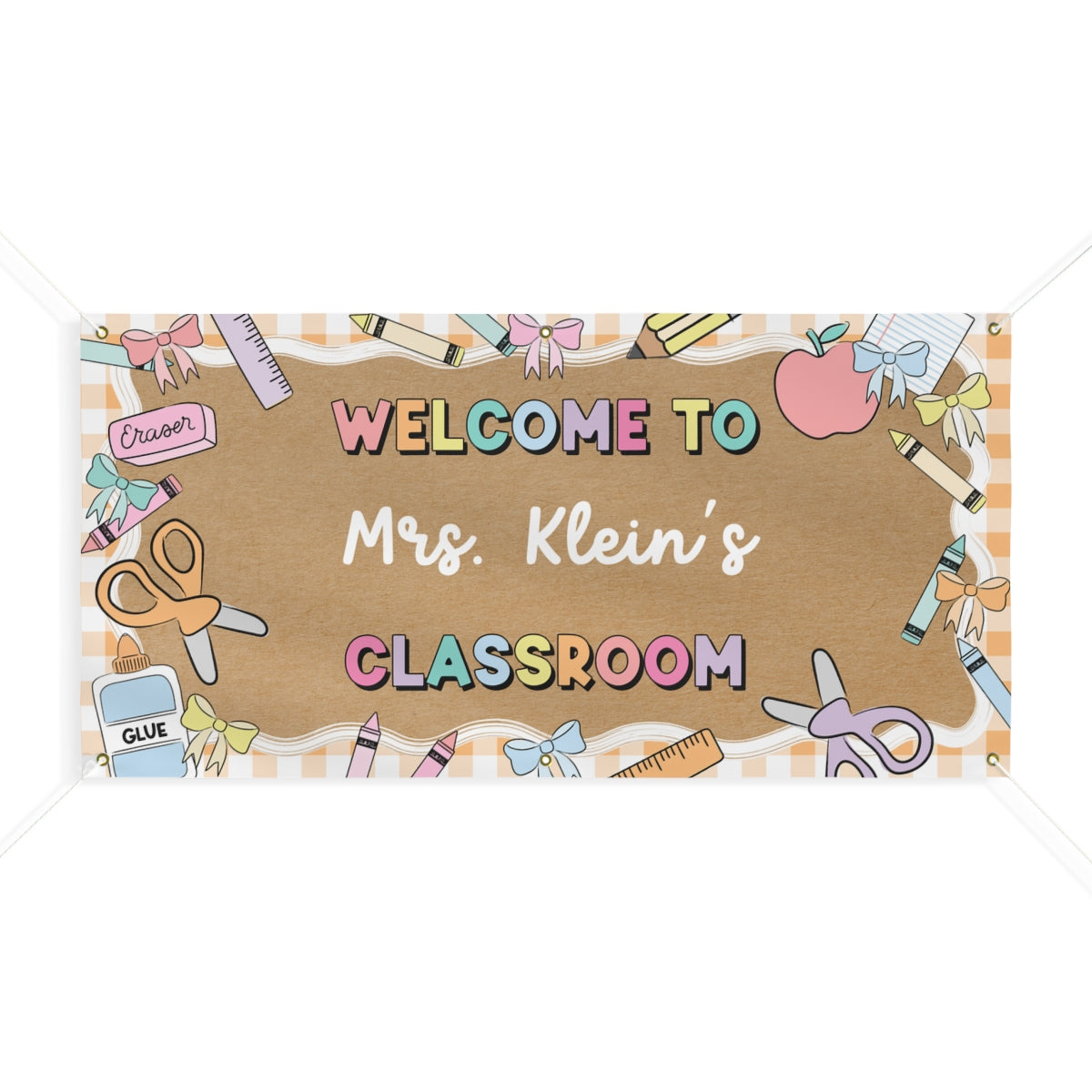 Pastel Orange Gingham School Supplies Personalized Banner | Banner Bar