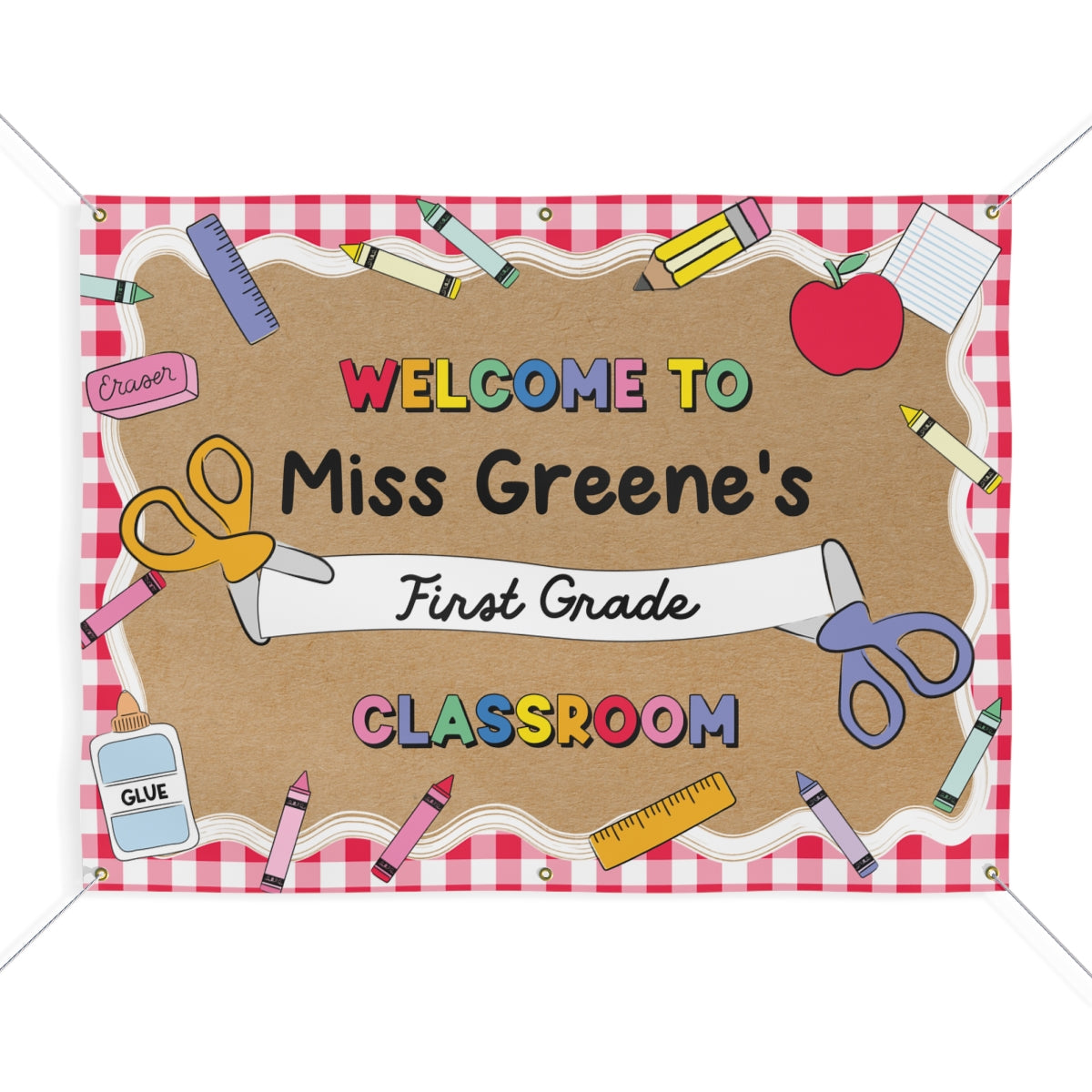 Red Gingham School Supplies Personalized Classroom Banner | Banner Bar