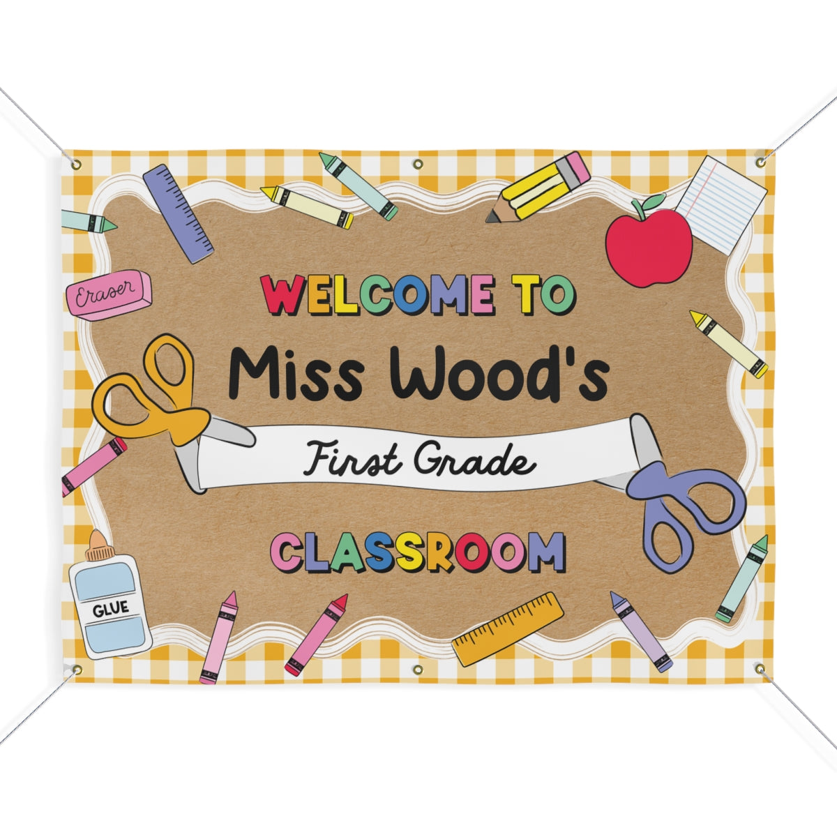 Orange Gingham School Supplies Personalized Classroom Banner | Banner Bar