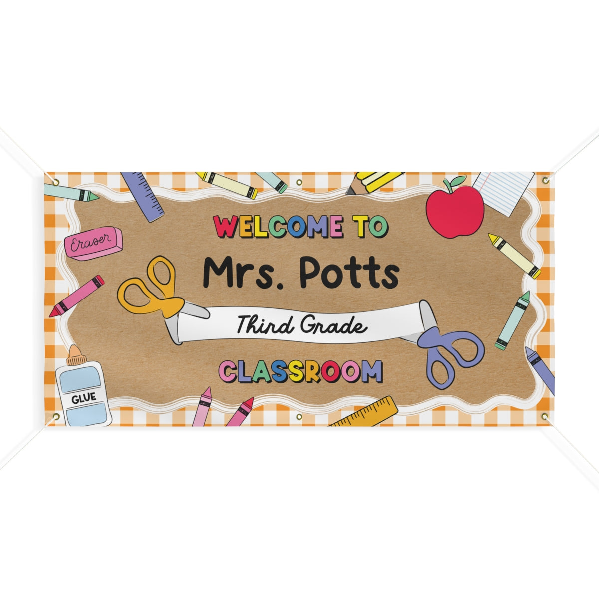 Orange Gingham School Supplies Personalized Classroom Banner | Banner Bar