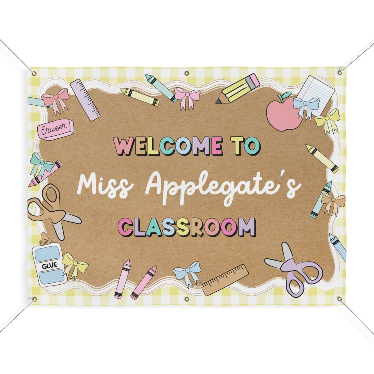 Pastel Yellow Gingham School Supplies Personalized Banner | Banner Bar