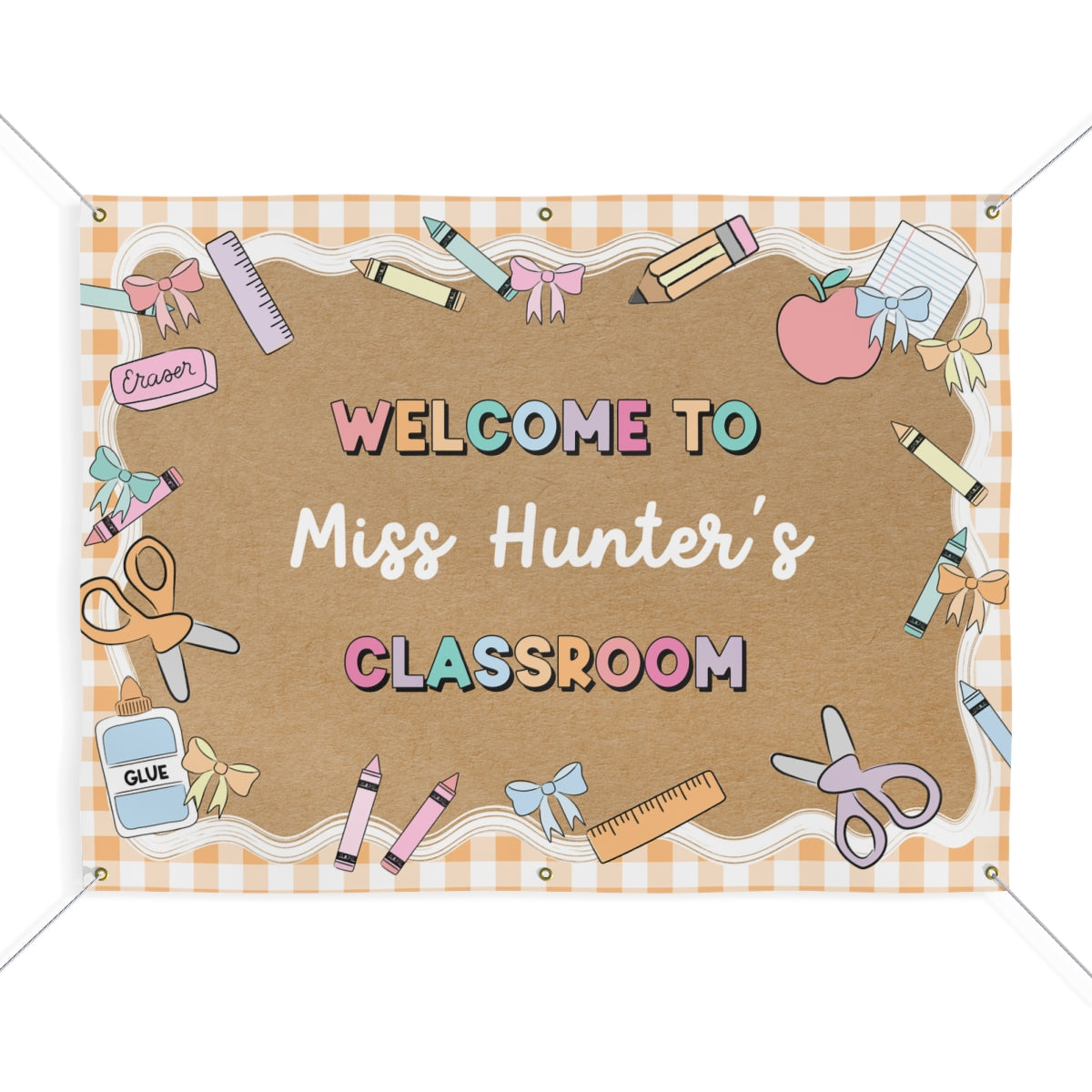 Pastel Orange Gingham School Supplies Personalized Banner | Banner Bar