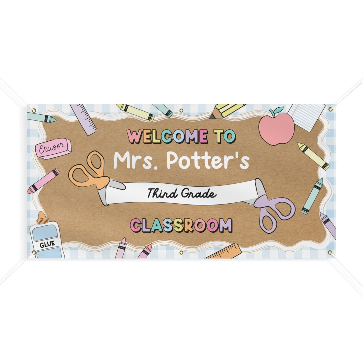 Scissors & School Supplies Pastel Blue Gingham Personalized Banner | Banner Bar