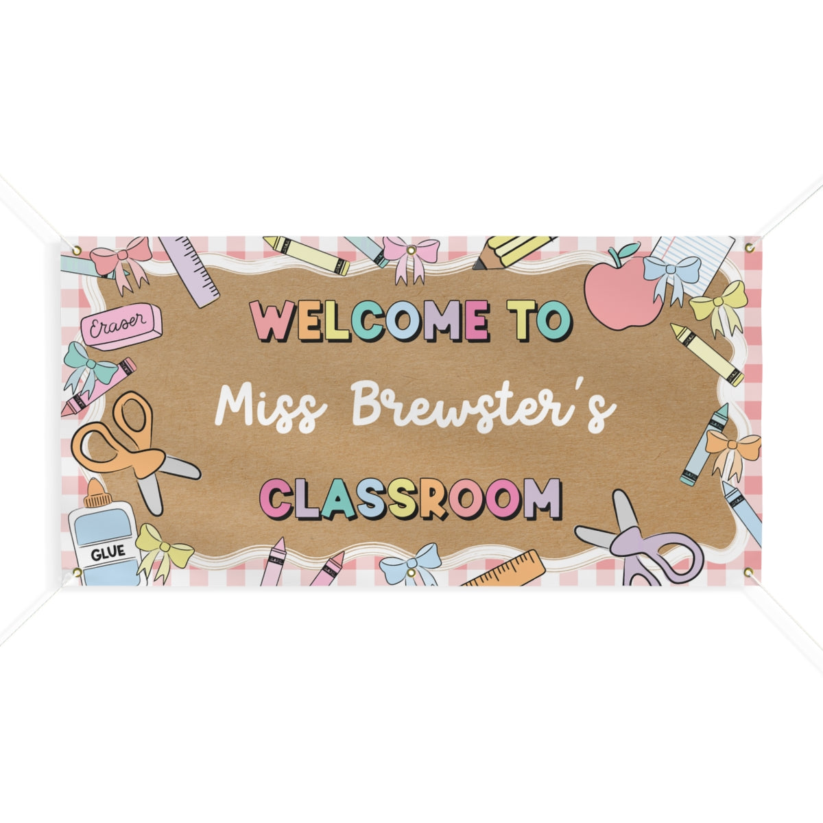 Carnation Pink Gingham Pastel School Supplies Personalized Banner | Banner Bar