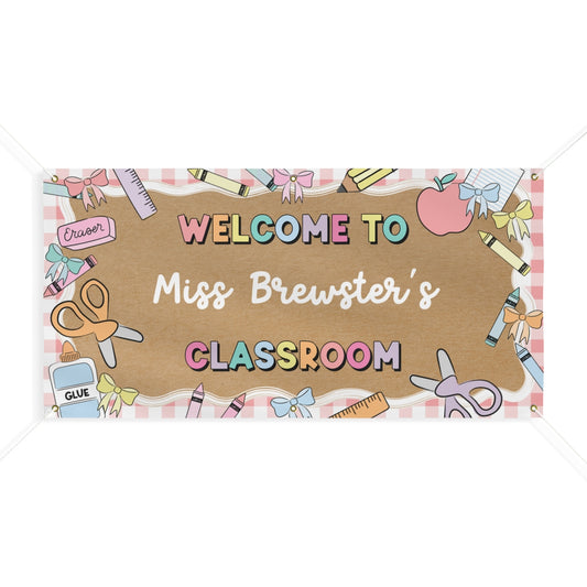 Carnation Pink Gingham Pastel School Supplies Personalized Banner | Banner Bar