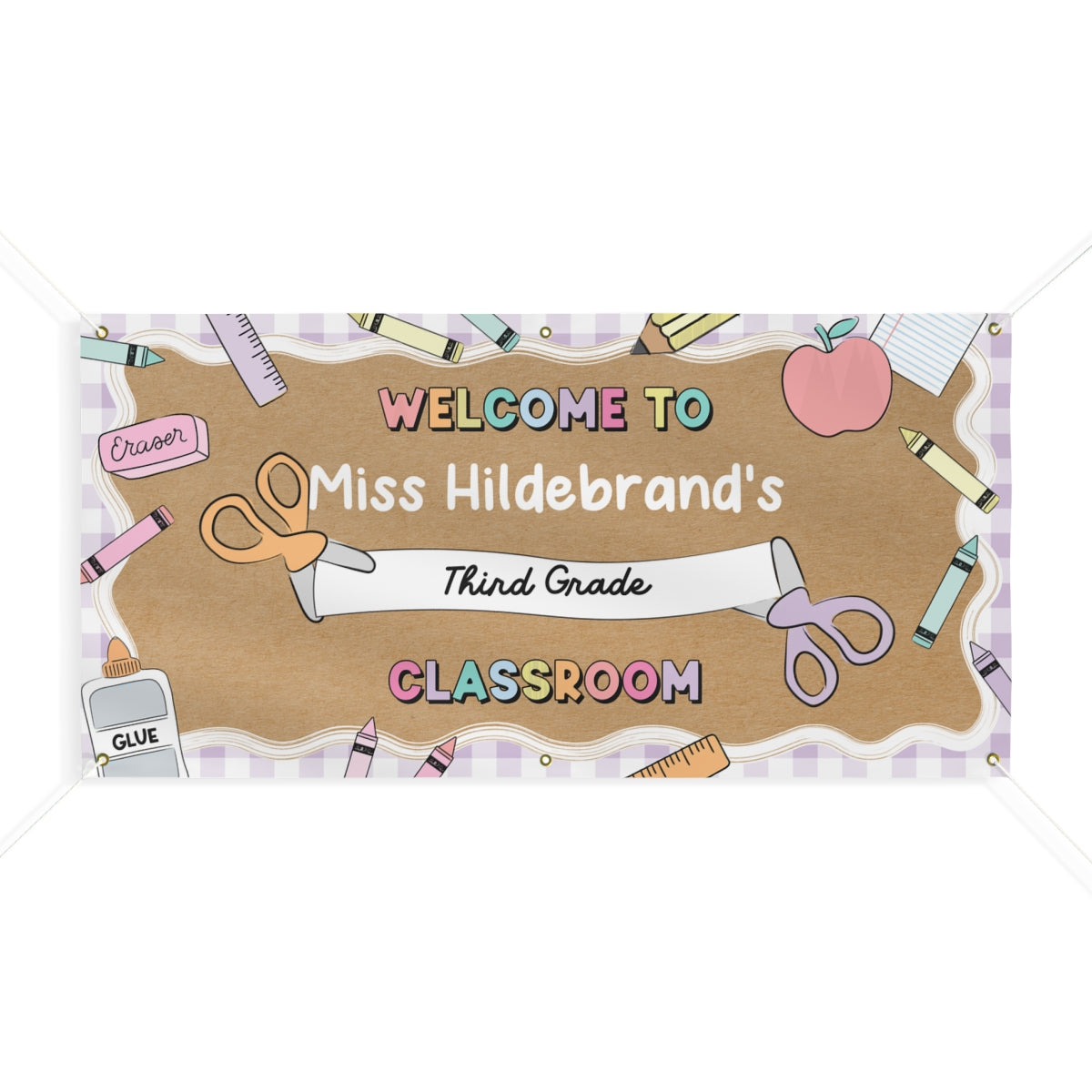 Scissors & School Supplies Pastel Lavender Gingham Personalized Banner | Banner Bar