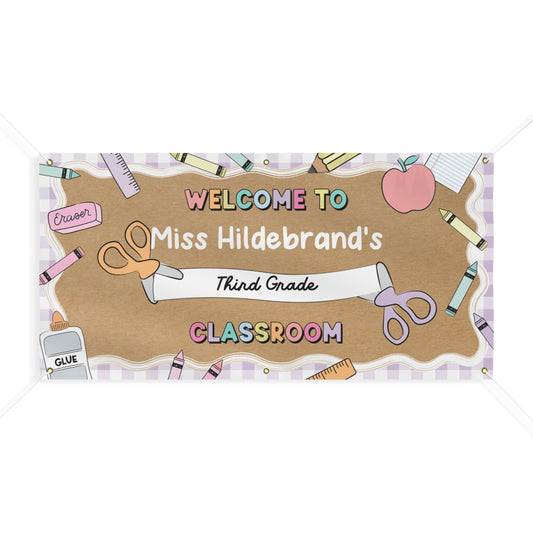 Scissors & School Supplies Pastel Lavender Gingham Personalized Banner | Banner Bar