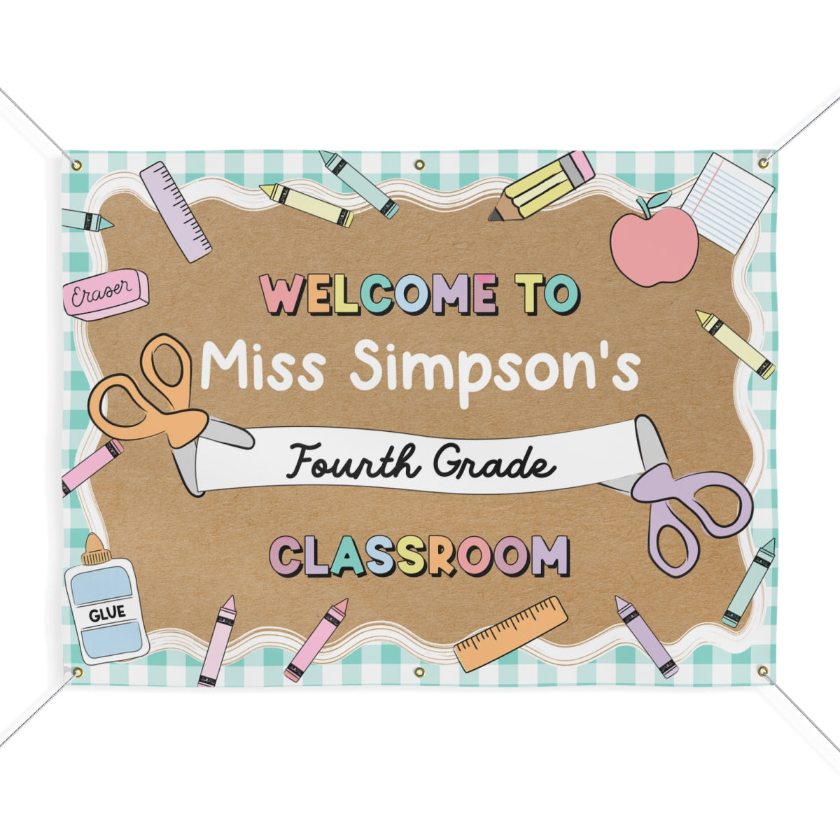 Scissors & School Supplies Pastel Mint Gingham Personalized Banner | Banner Bar