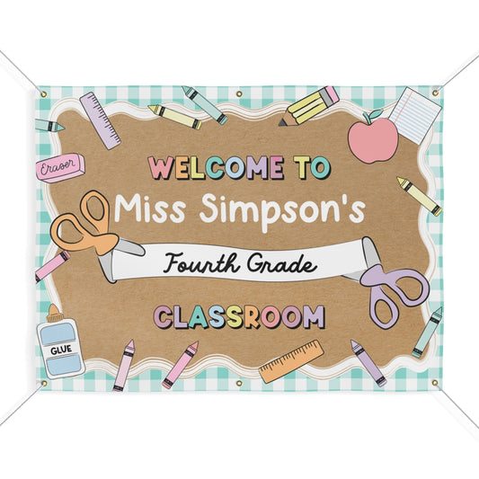 Scissors & School Supplies Pastel Mint Gingham Personalized Banner | Banner Bar