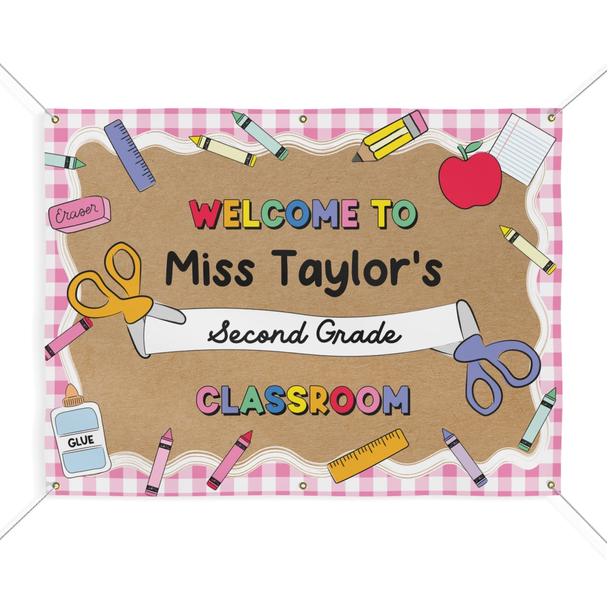 Pink Gingham School Supplies Personalized Classroom Banner | Banner Bar
