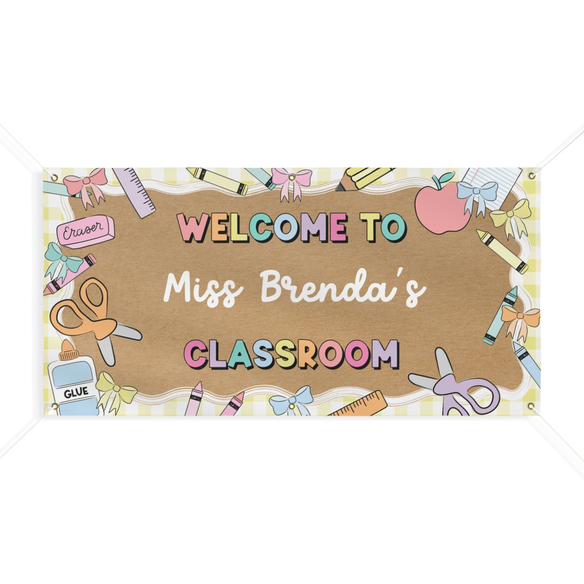 Pastel Yellow Gingham School Supplies Personalized Banner | Banner Bar