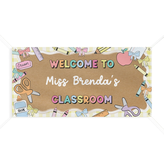 Pastel Yellow Gingham School Supplies Personalized Banner | Banner Bar