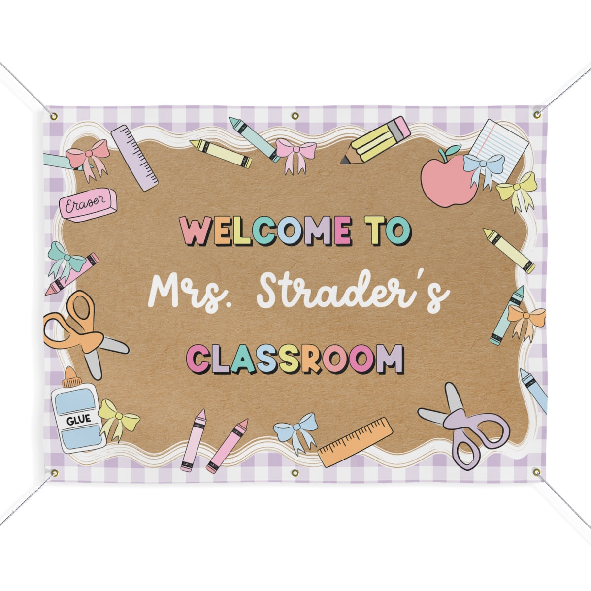 Pastel Lavender Gingham School Supplies Personalized Banner | Banner Bar