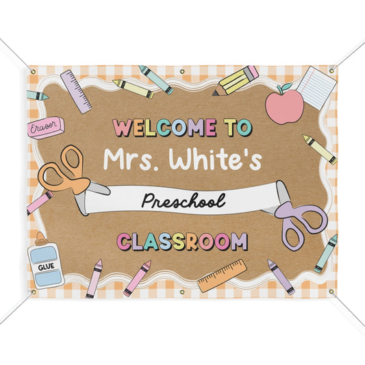 Scissors & School Supplies Pastel Orange Gingham Personalized Banner | Banner Bar