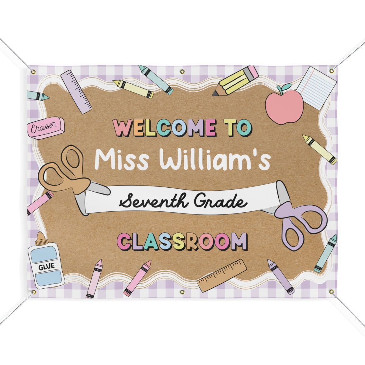 Scissors & School Supplies Pastel Lavender Gingham Personalized Banner | Banner Bar