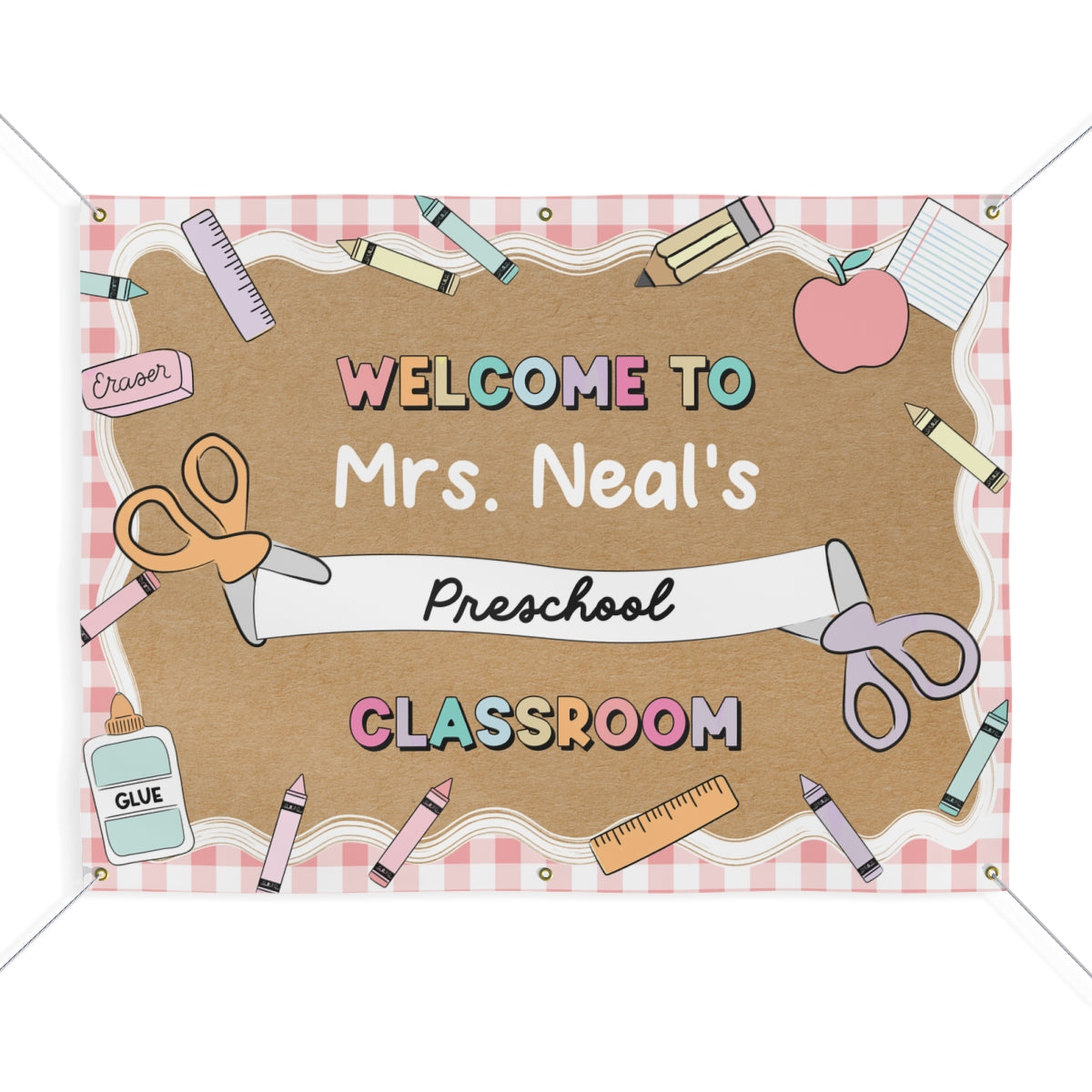 Scissors & School Supplies Pastel Pink Carnation Gingham Personalized Banner | Banner Bar
