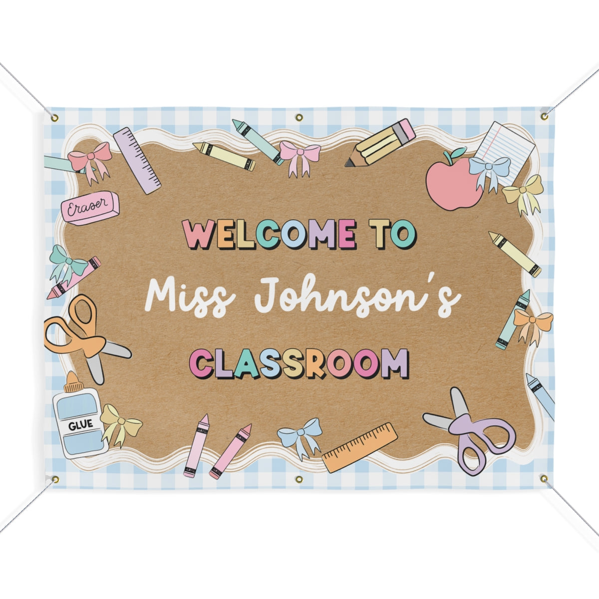 Pastel Blue Gingham School Supplies Personalized Banner | Banner Bar