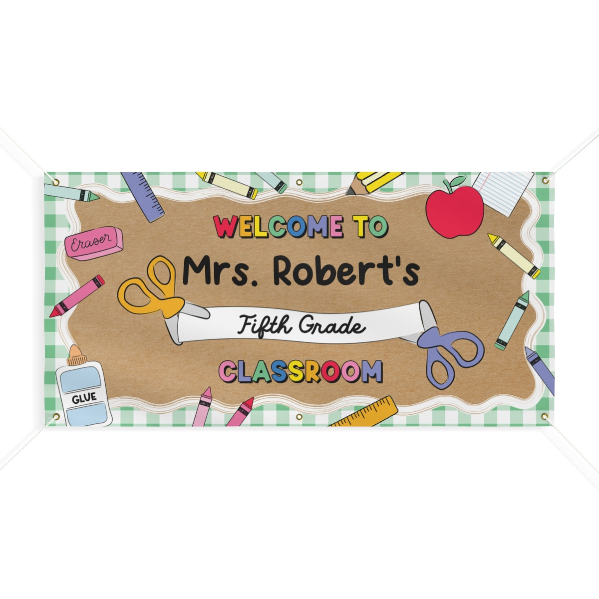 Green Gingham School Supplies Personalized Classroom Banner | Banner Bar