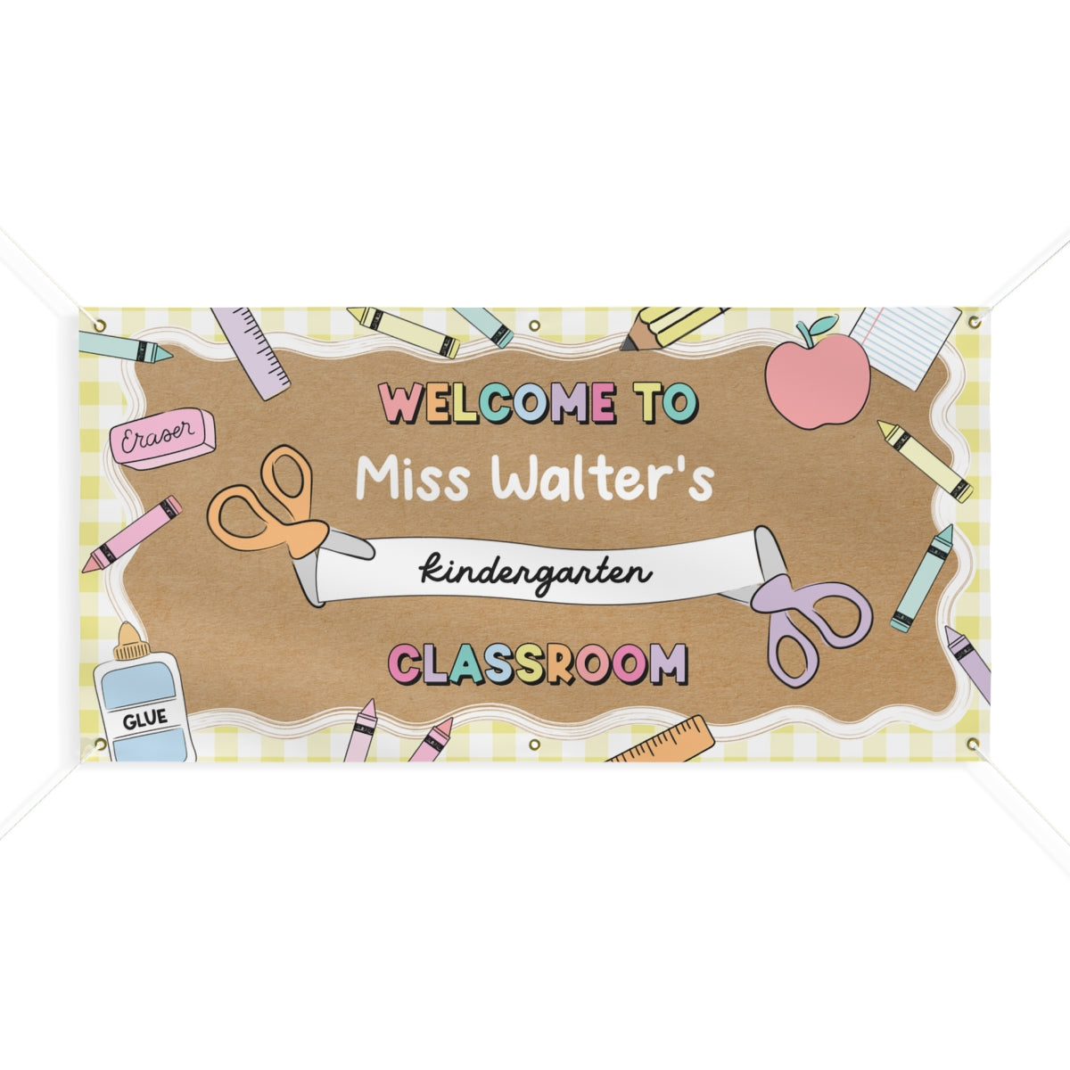 Scissors & School Supplies Pastel Yellow Gingham Personalized Banner | Banner Bar