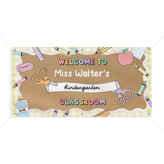 Scissors & School Supplies Pastel Yellow Gingham Personalized Banner | Banner Bar