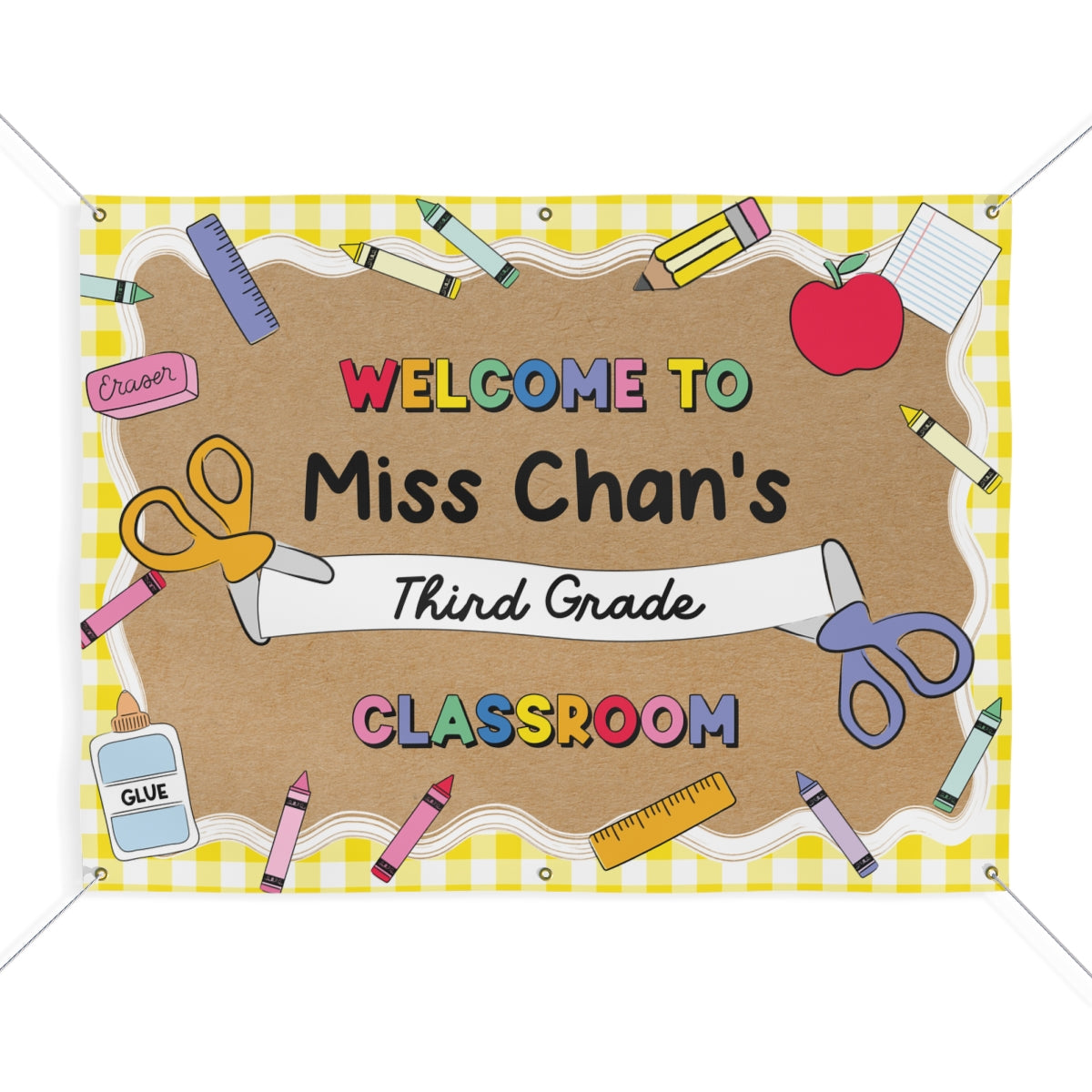 Yellow Gingham School Supplies Personalized Classroom Banner | Banner Bar