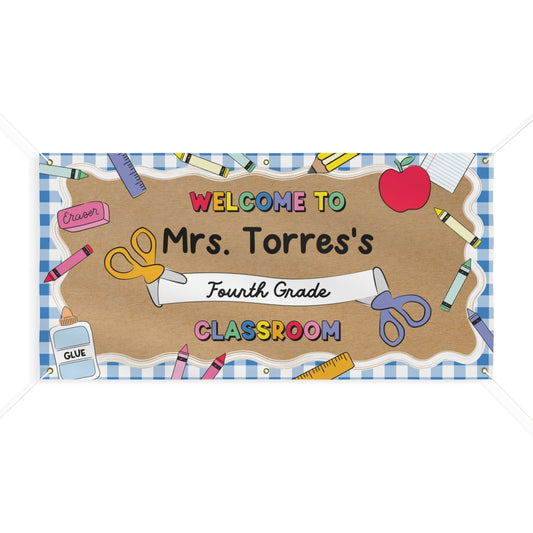 Blue Gingham School Supplies Personalized Classroom Banner | Banner Bar
