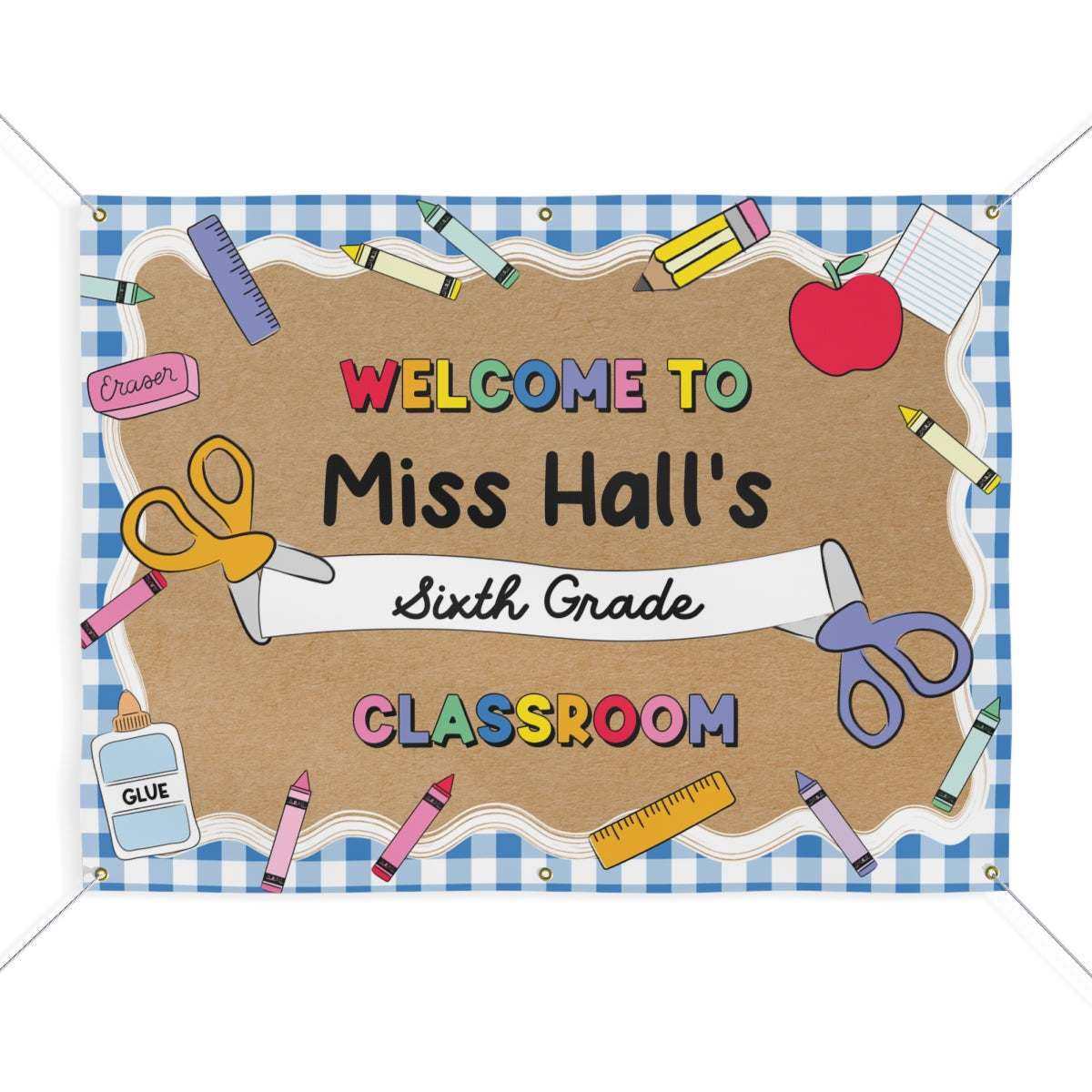 Blue Gingham School Supplies Personalized Classroom Banner | Banner Bar