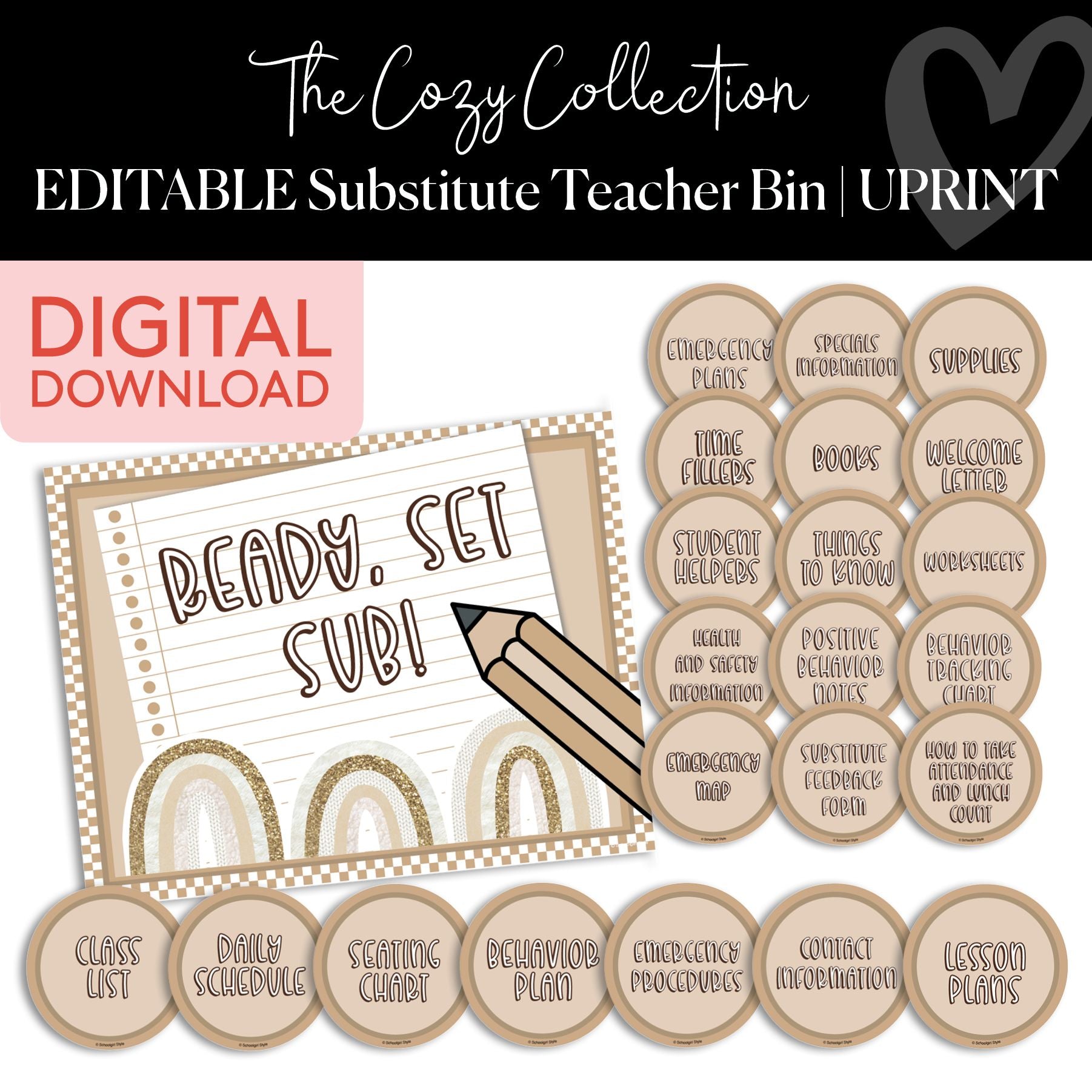 Printable Neutral Editable Substitute Teacher Bin | Cozy