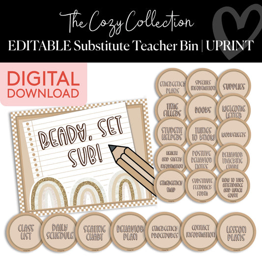 Printable Neutral Editable Substitute Teacher Bin | Cozy