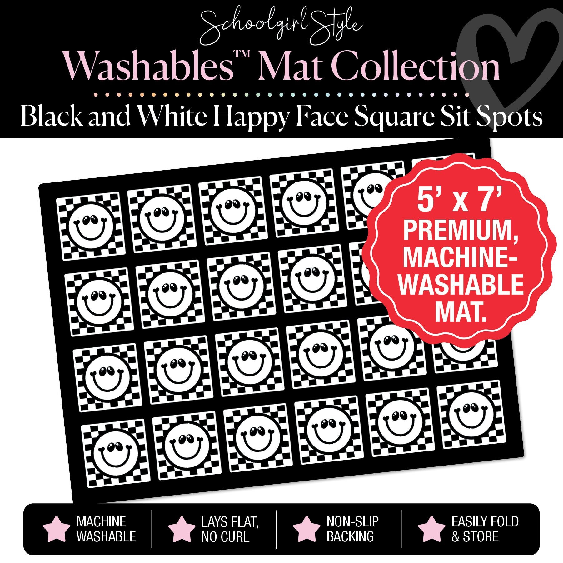 Black and White Happy Faces on Checkerboard Background Squares Sit Spot Classroom Mat by Schoolgirl Style