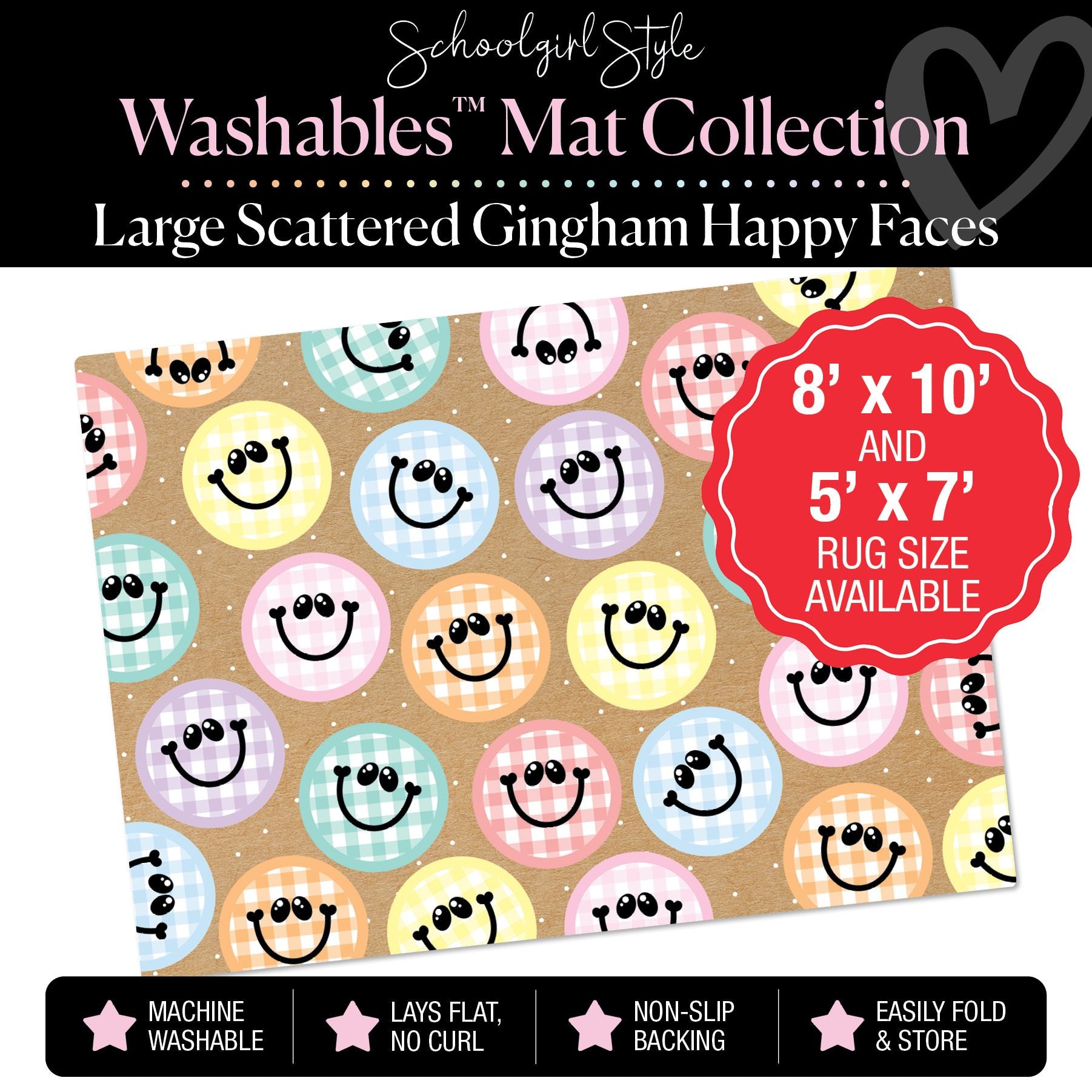 Large Scattered Gingham Pastel Happy Faces on Banner Backdrop Classroom Mat by Schoolgirl Style