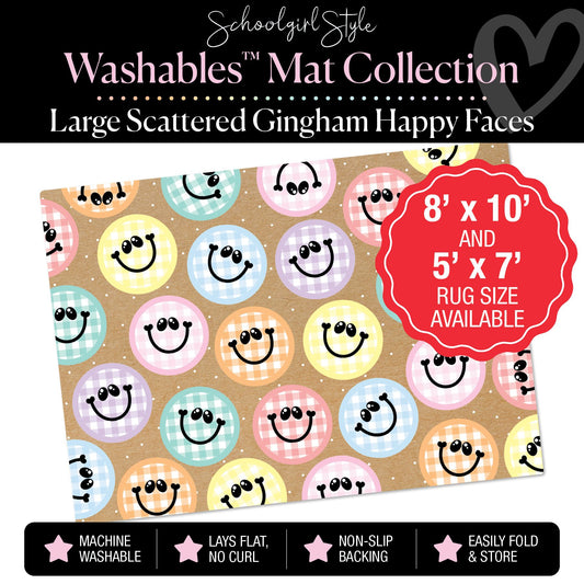 Large Scattered Gingham Pastel Happy Faces on Banner Backdrop Classroom Mat by Schoolgirl Style