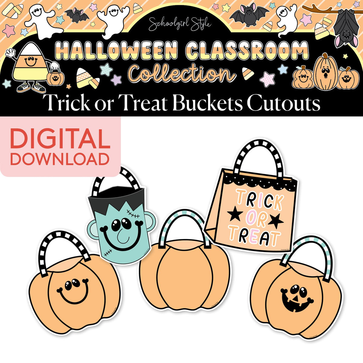 Printable Pastel Halloween Trick or Treat Buckets Cutouts