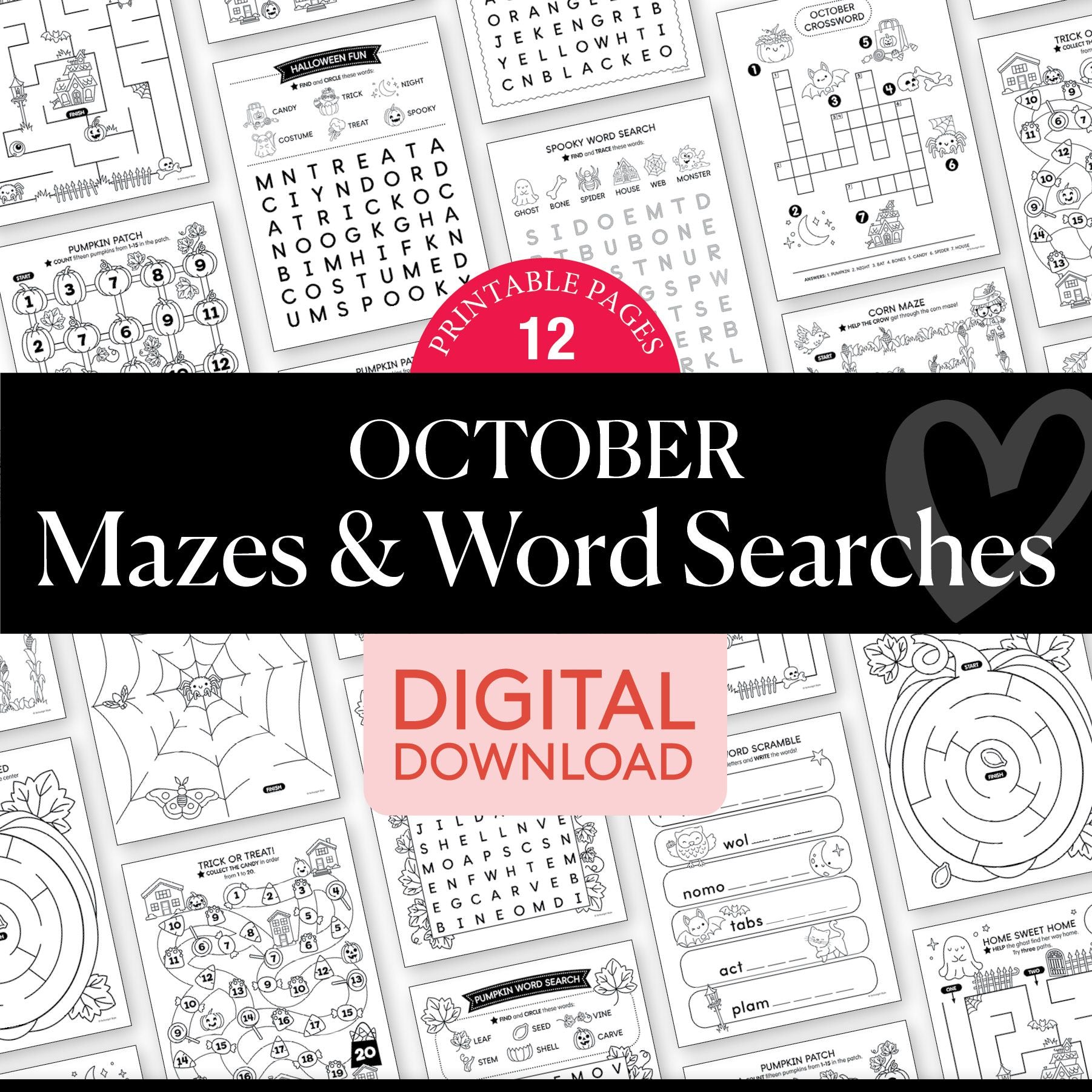 Printable October Mazes and Word Searches