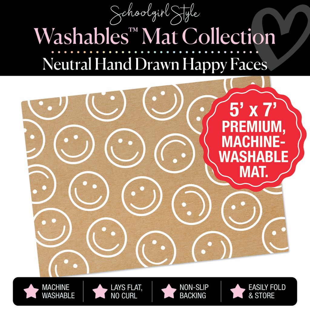 Scattered Happy Faces on Kraft Background Classroom Mat by Schoolgirl Style