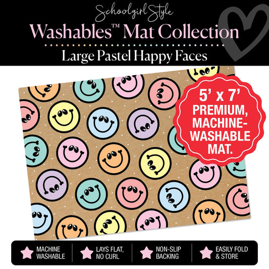 Large Scattered Pastel Happy Faces on Banner Background Classroom Mat by Schoolgirl Style