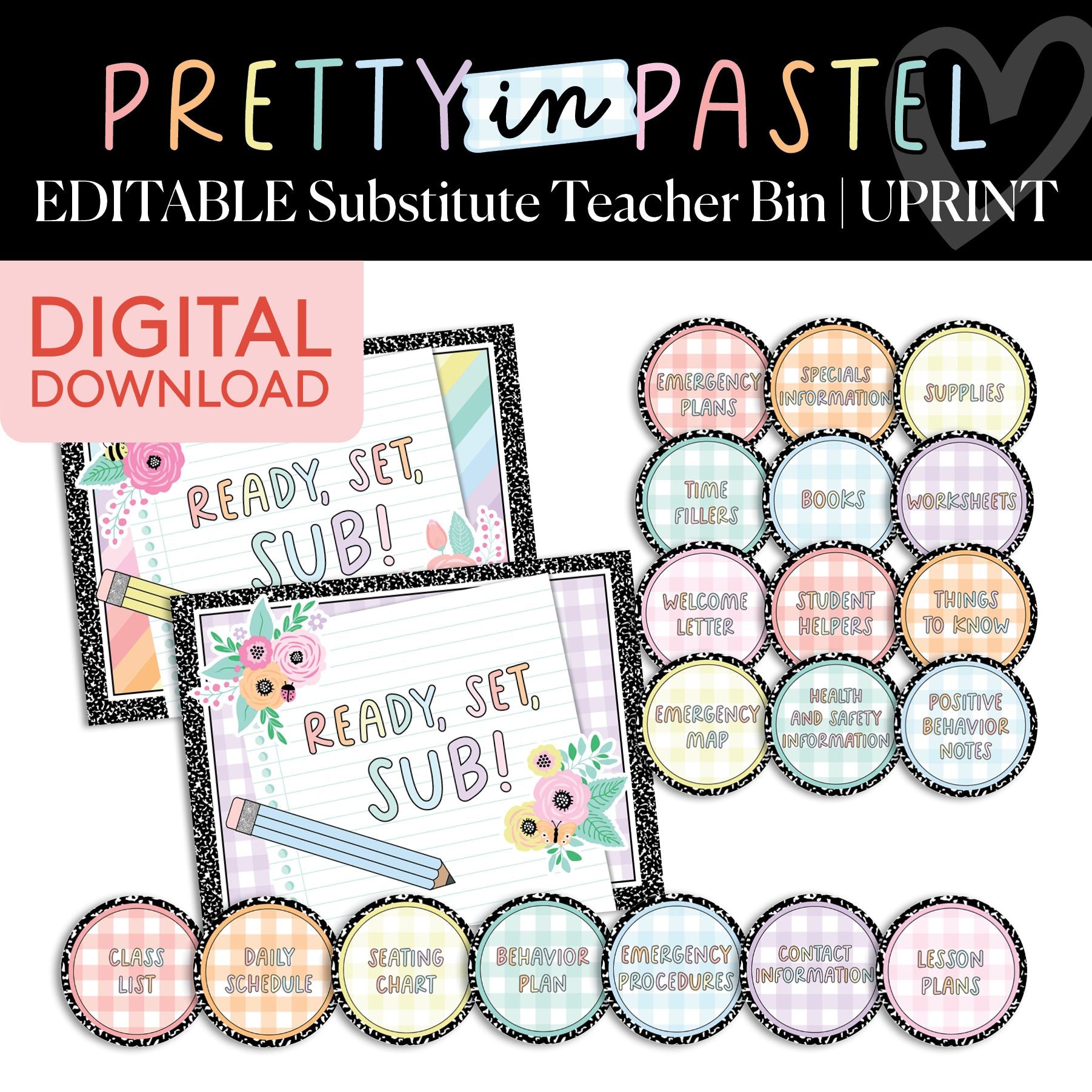Printable Pastel Editable Substitute Teacher Bin | Pretty in Pastel