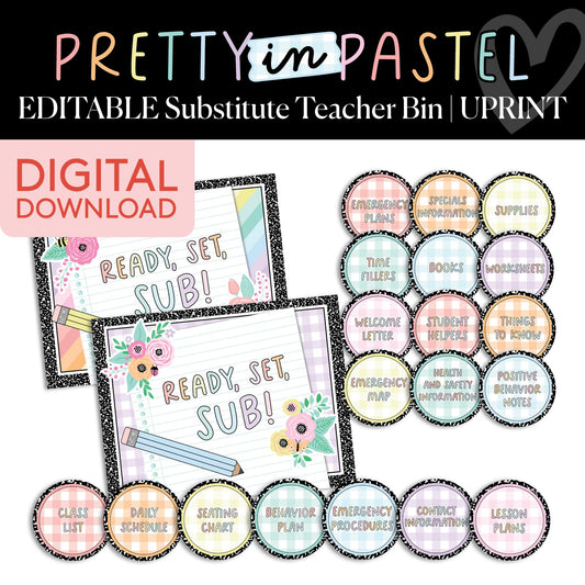 Printable Pastel Editable Substitute Teacher Bin | Pretty in Pastel