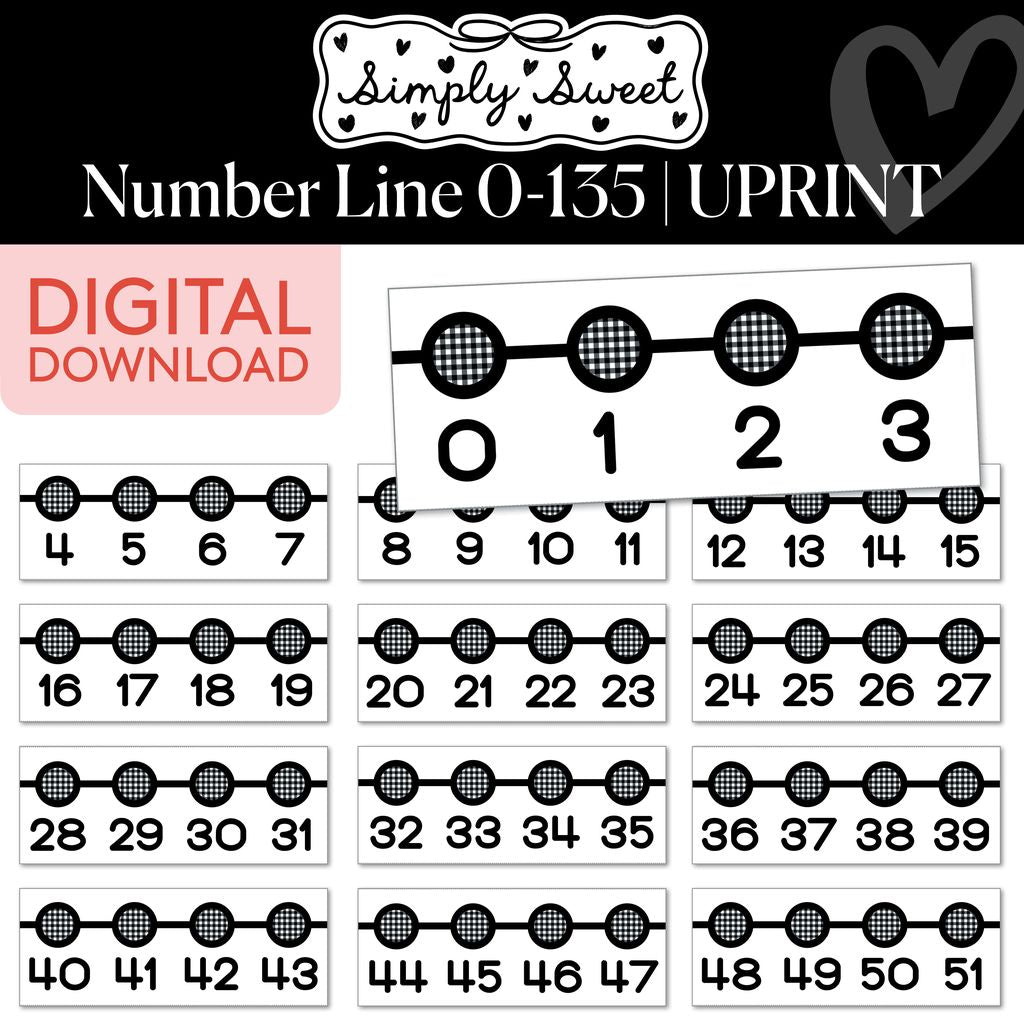 Printable Classic Black and White Number Line 0-135 | Simply Sweet
