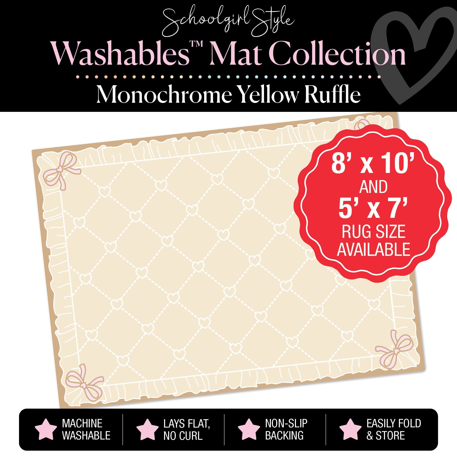 Monochrome Yellow Ruffle Vertical Hearts Classroom Mat by Schoolgirl Style