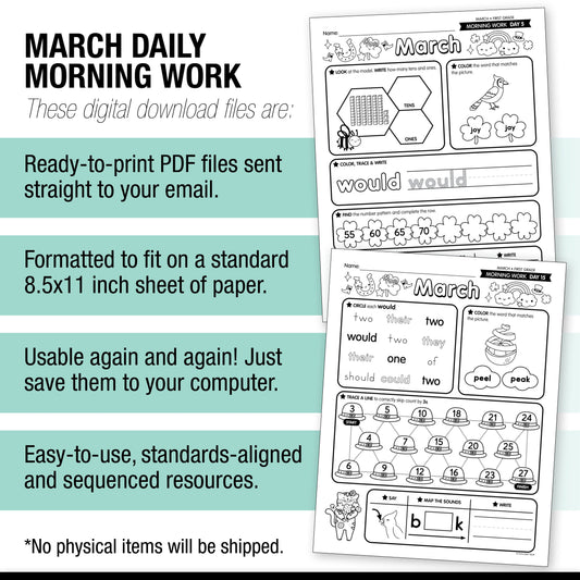 Printable First Grade March Daily Morning Work