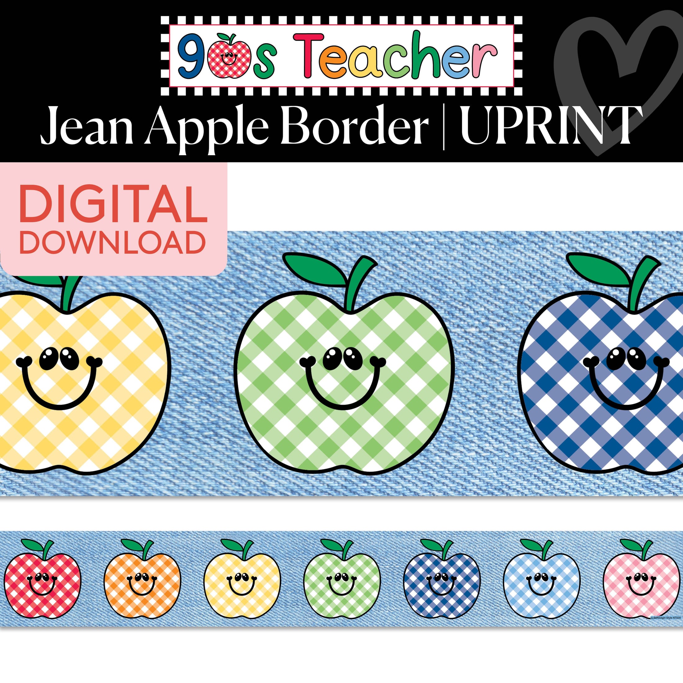 Printable Retro Jean Apple Border | 90s Teacher