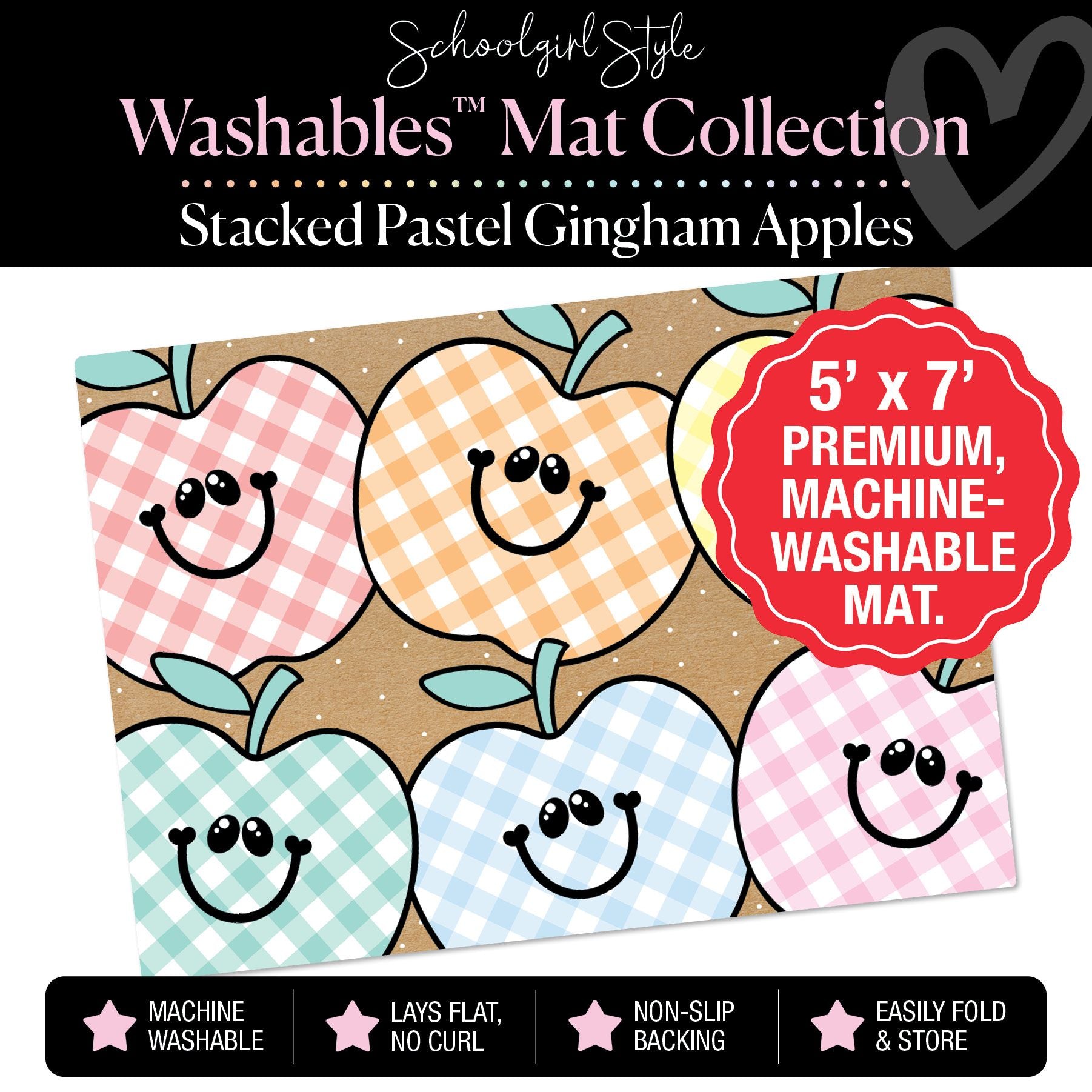 Stacked Pastel Gingham Apples on Banner Backdrop Classroom Mat by Schoolgirl Style
