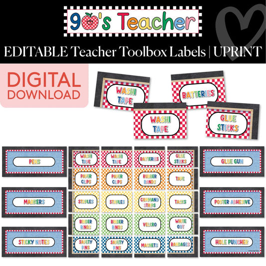 Printable Retro Editable Teacher Toolbox Labels | 90s Teacher