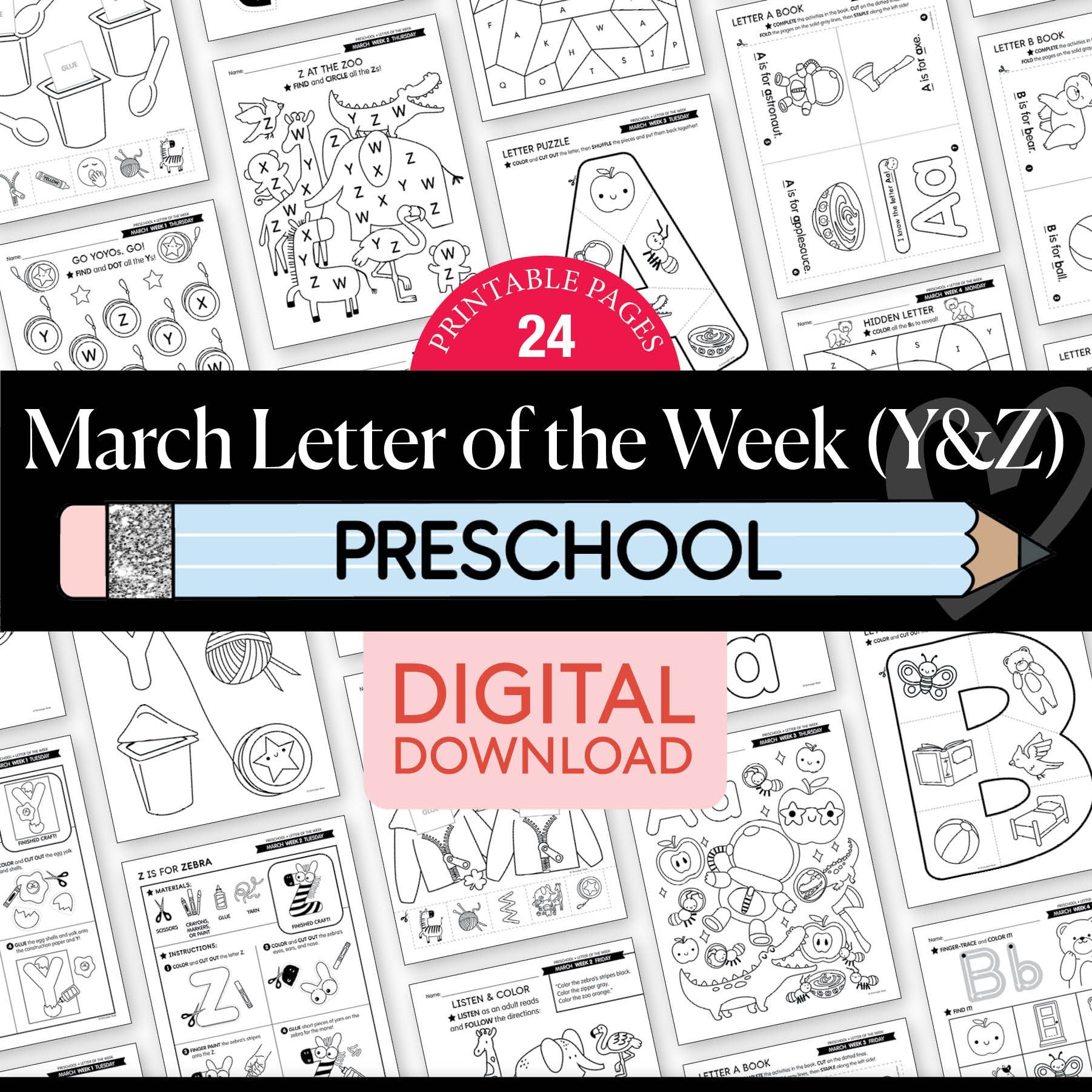 Printable Preschool March Letter of the Week (Y, Z, & Full Alphabet Review)