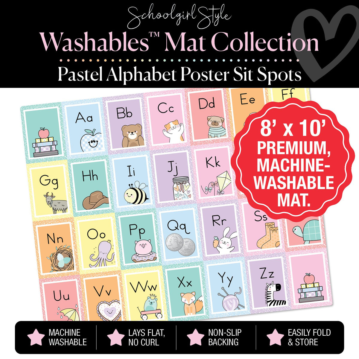 Pastel Square Alphabet Poster Sit Spot Washable Classroom Rug by Schoolgirl Style