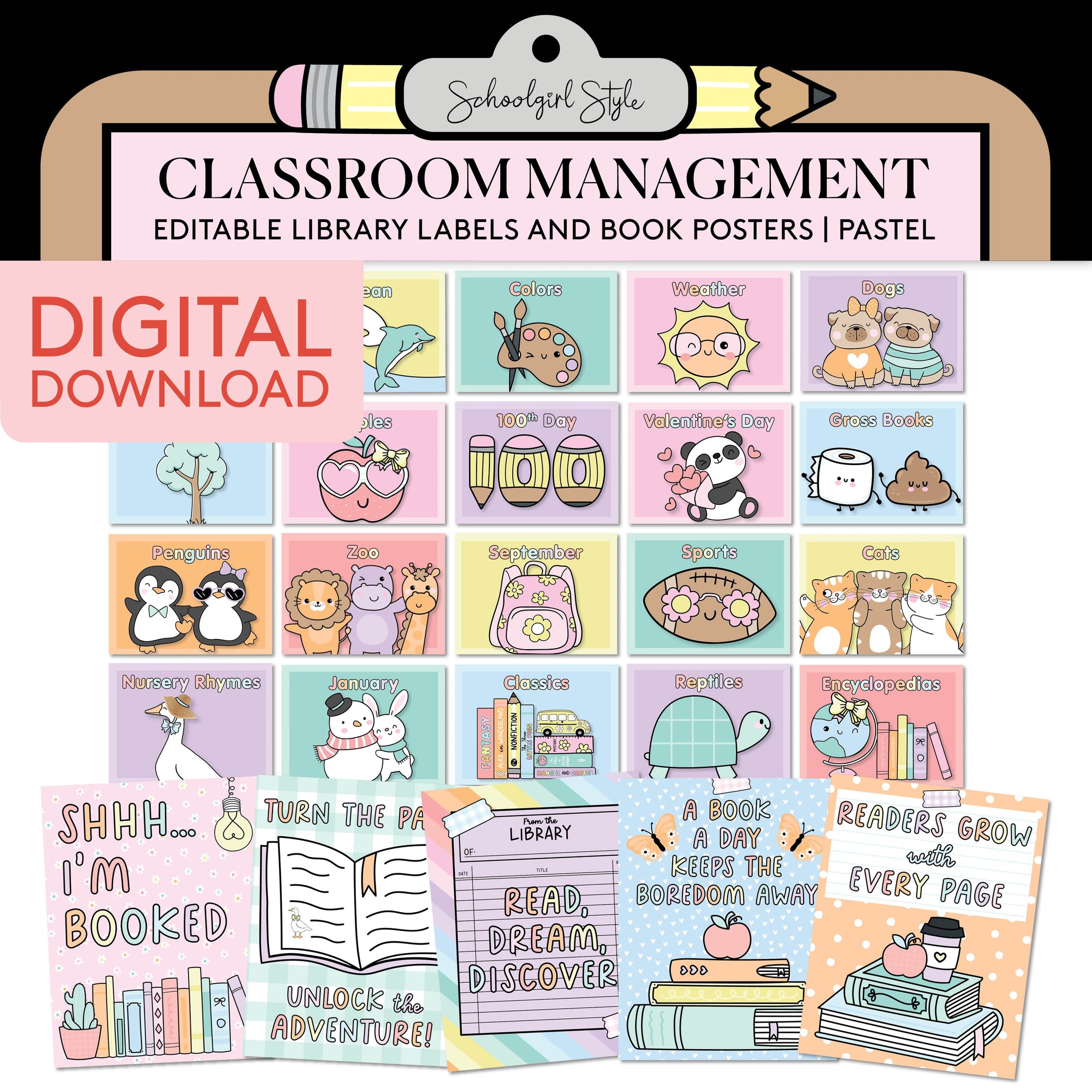 Printable Pastel Classroom Library Labels & Posters – Book Bin Labels with Visuals (180-Label Set)